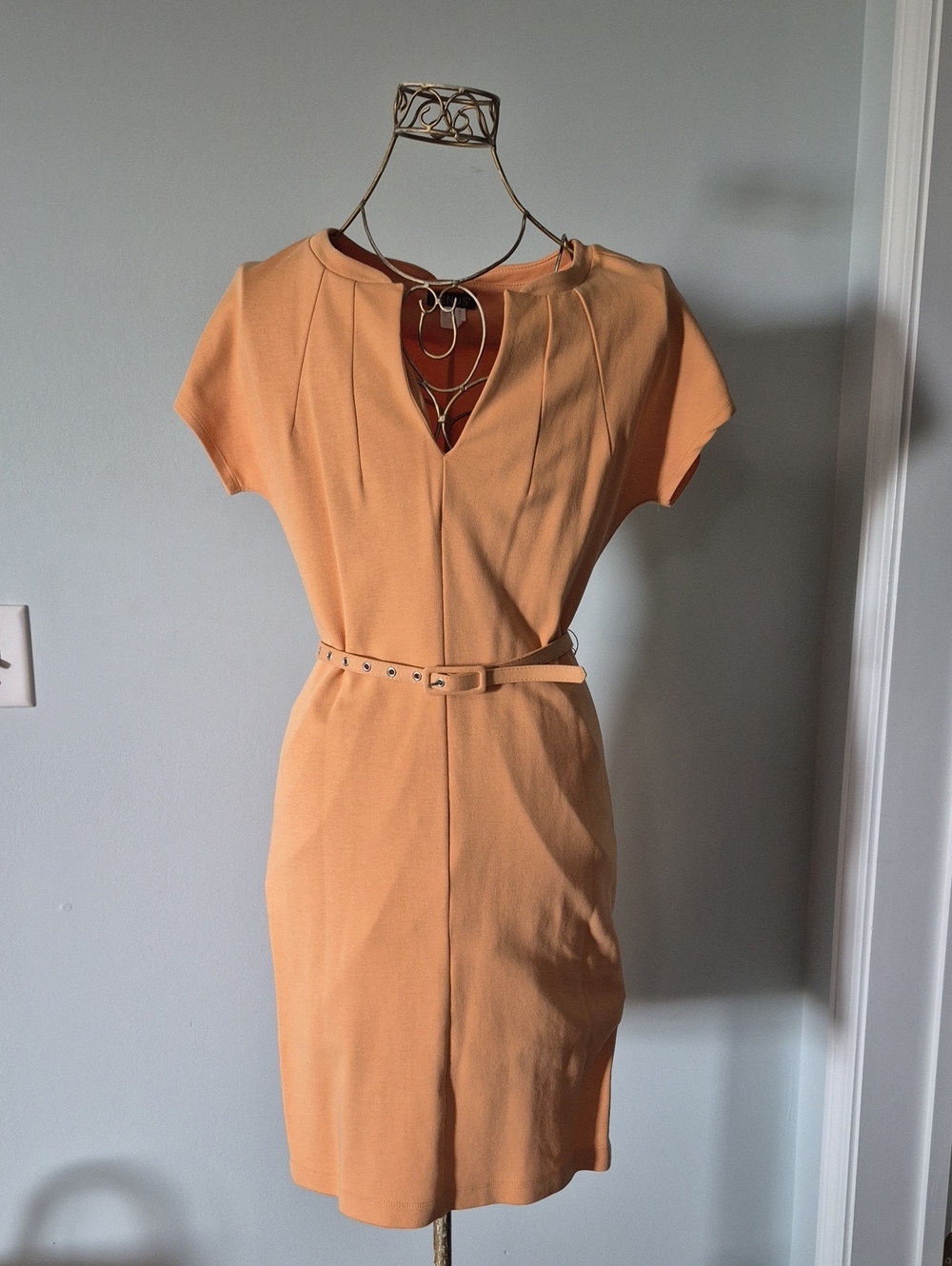VENUS Short-Sleeve Belted Mini Dress in Peach